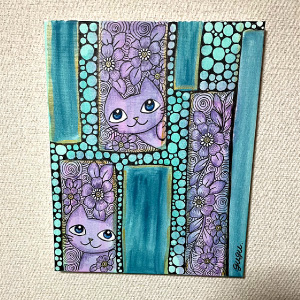 guguさんの作品、草花と猫のキャンバス画